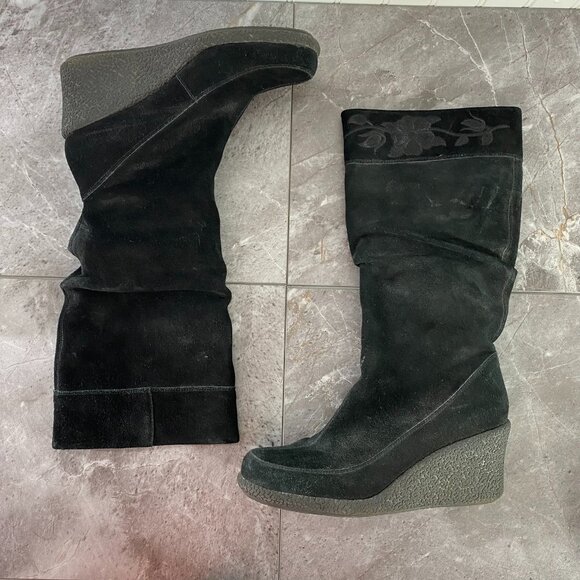 Soho Lab by Skechers Boots Womens 9 Y2K Black Suede Leather Knee High Wedge - Picture 2 of 12